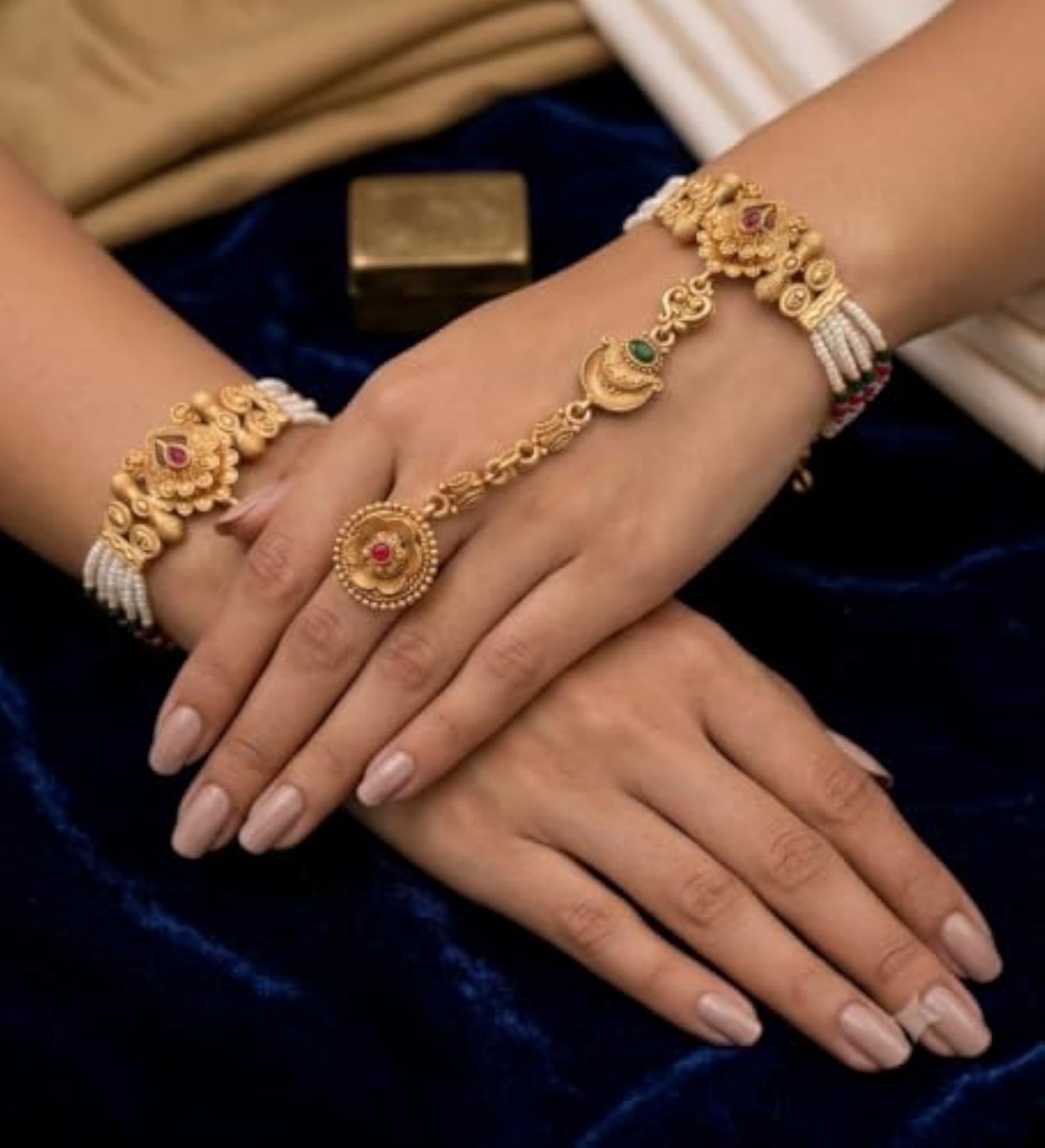 Royal Traditional Artificial Gold Hand Phool Set, Bridal Gift